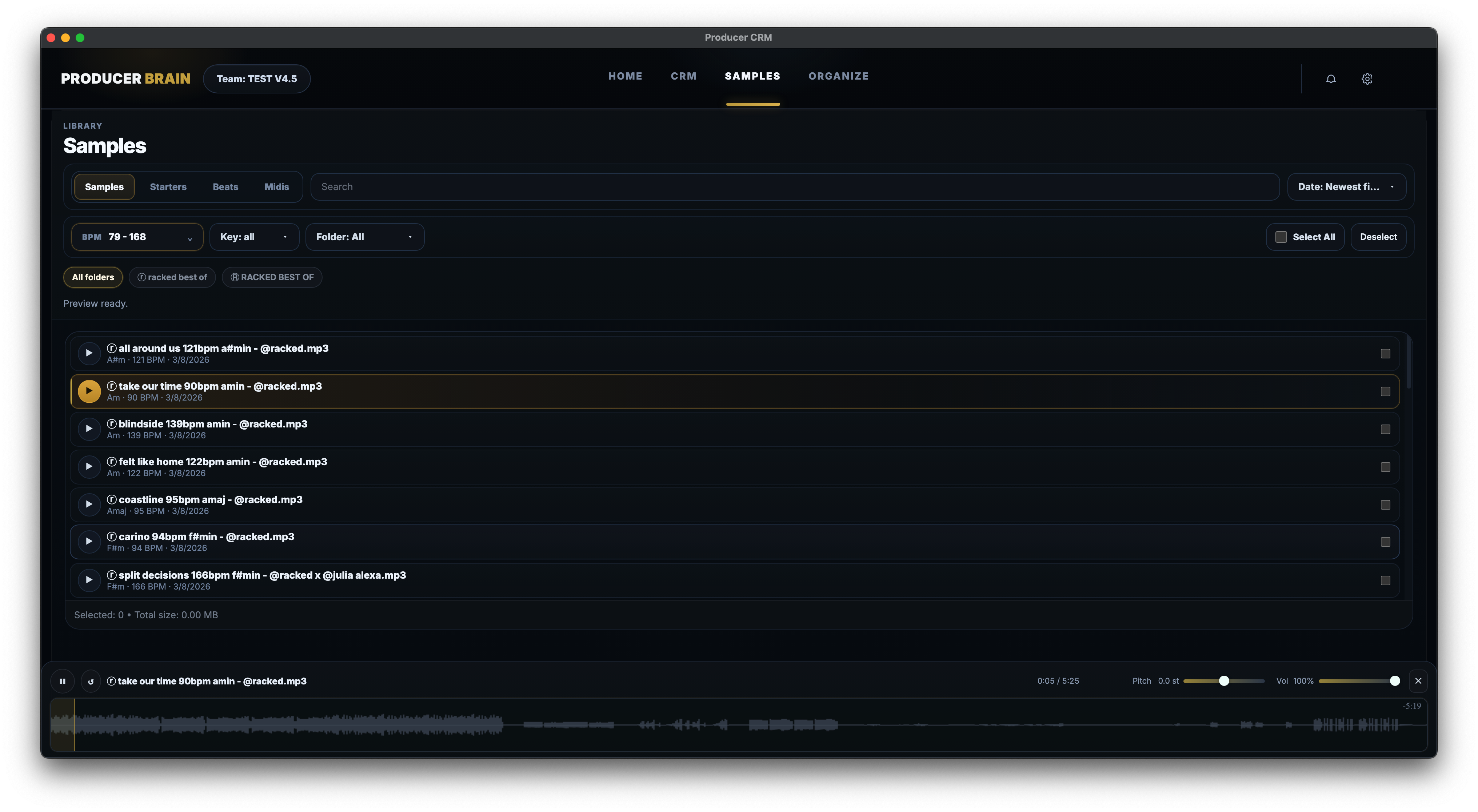 Producer Brain Sample Library – Waveform-Preview mit BPM/Key-Filter und Dropbox-Sync