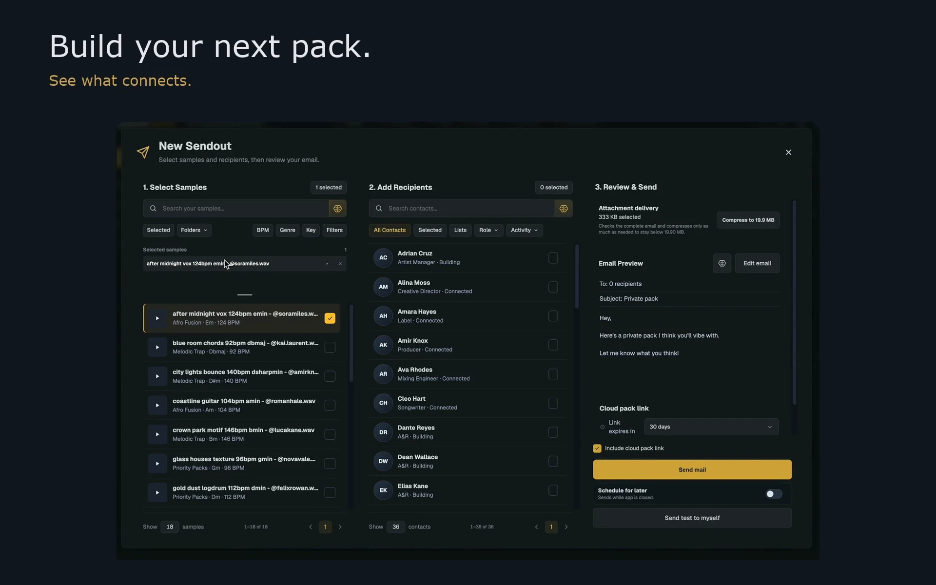 Build your next pack. See what connects. ProducerBrain’s sample selection and sendout window