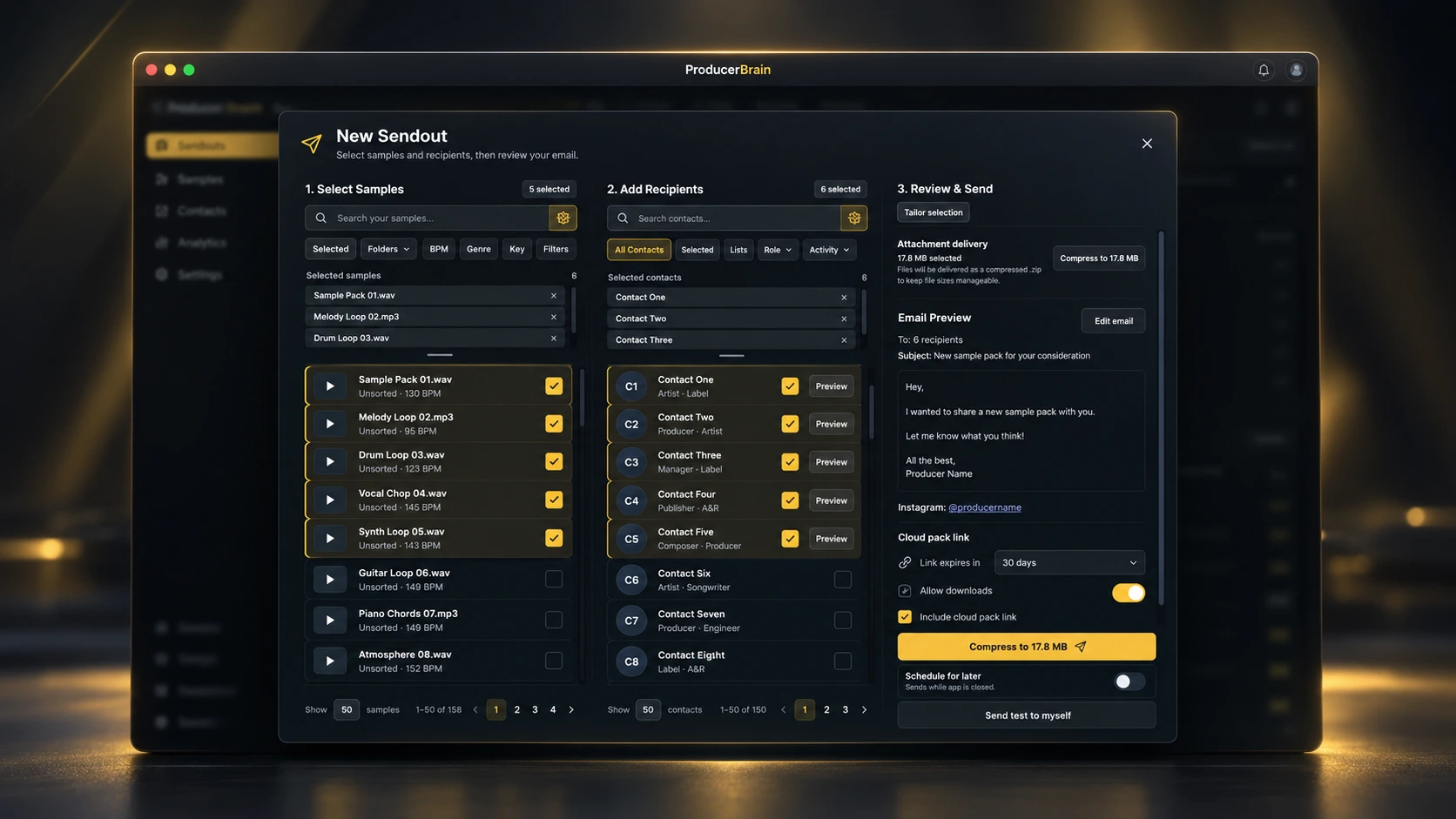 ProducerBrain New Sendout view with sample selection, recipients and a personal email preview